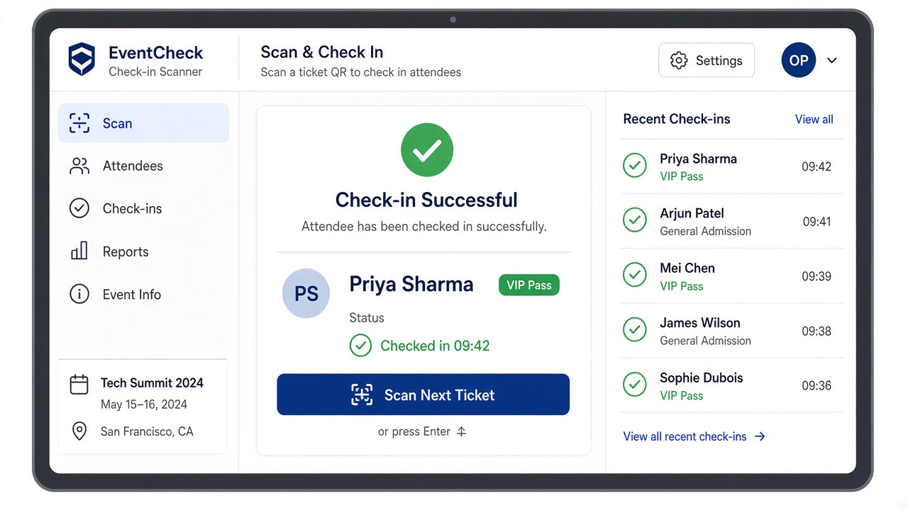 EventOS check-in scanner confirming an attendee