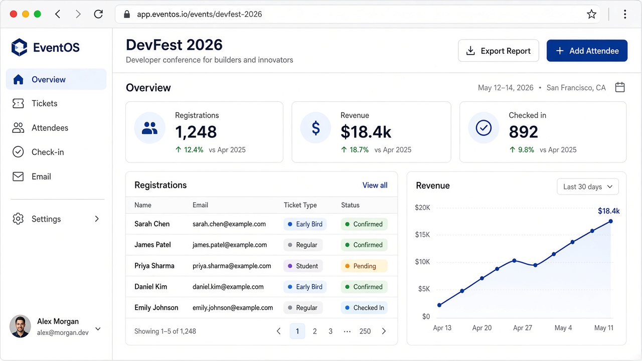 EventOS organizer dashboard showing registrations, revenue, and attendees