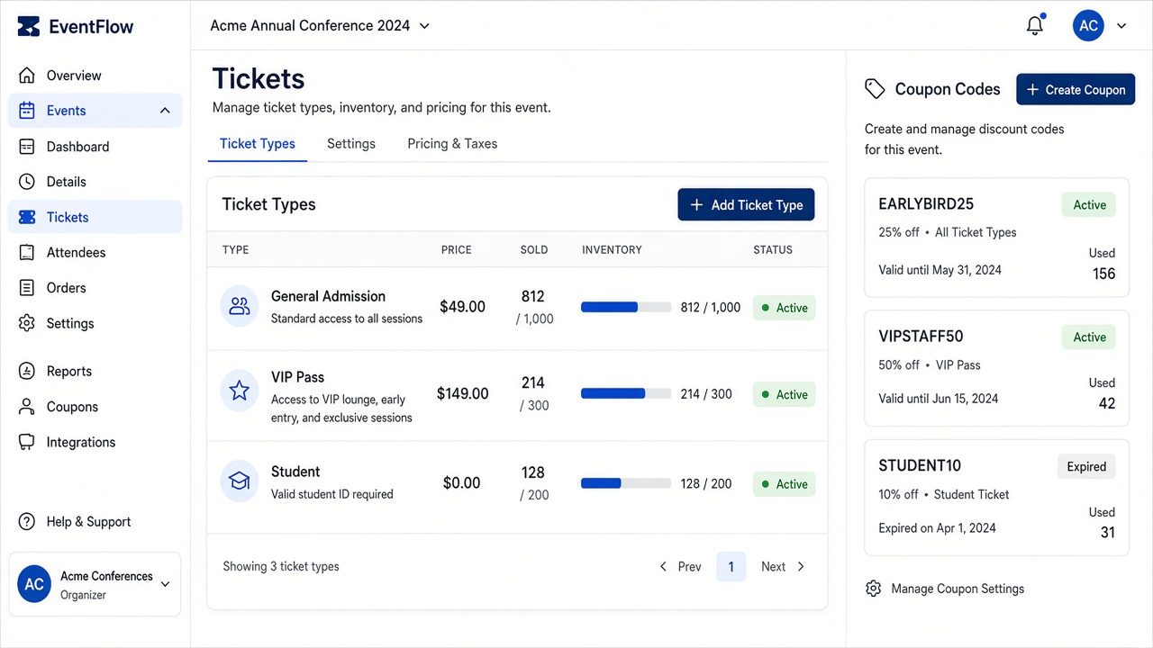 EventOS ticket types and inventory dashboard