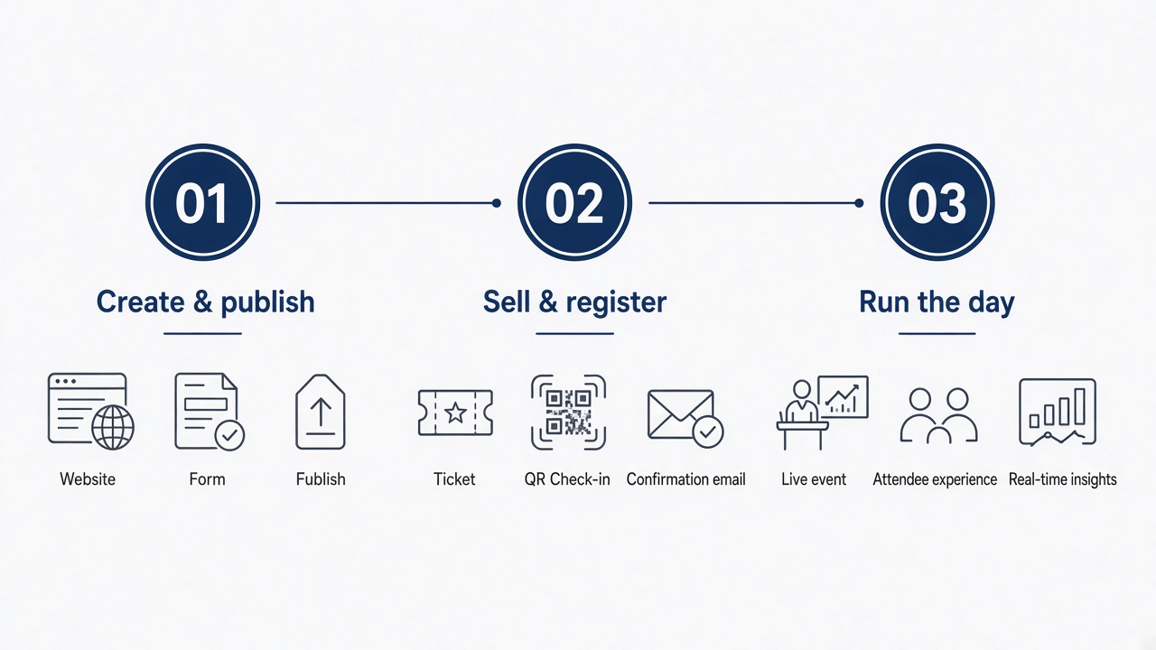 Infographic: Create and publish, Sell and register, Run the day